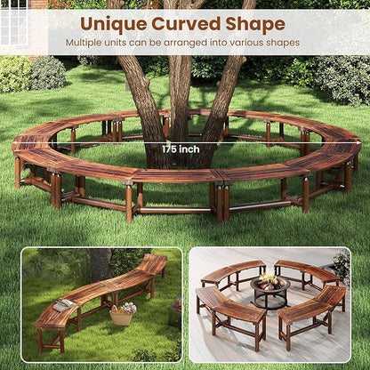 Tangkula Patio Curved Bench Set of 4, Solid Wood Fire Pit Bench for 2-3 People, Outdoor Backless Loveseat for Backyard, Garden, Poolside, 800 LBS Max Load (Rustic Brown)