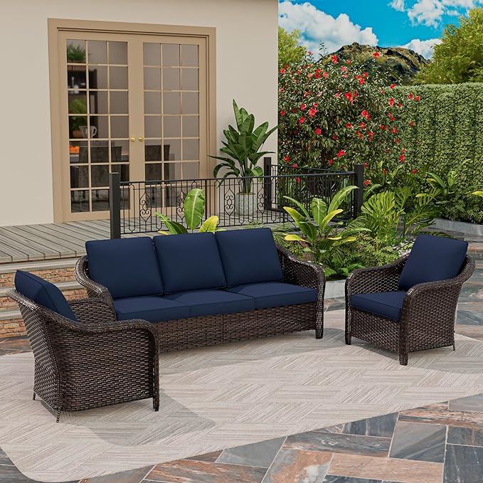 3 Piece Patio Wicker Conversation Set, All-Weather Use Outdoor Wicker Sofa with 2 PE Rattan Chair, Ideal for Porch - Photo 2