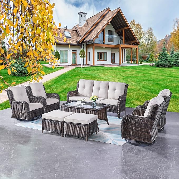 Rilyson Wicker Patio Furniture Set - 8 Piece Rattan Outdoor Sectional Conversation Sets with 4 Swivel Rocking Chairs - Photo 1