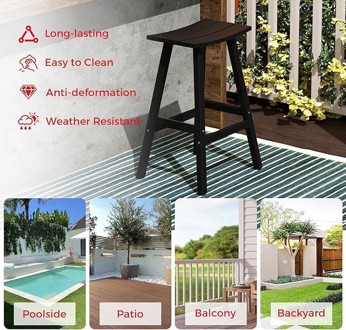 Costaelm All-Weather Bar Stools Set of 3, 29" Height Outdoor Bar Stools, Adirondack Poly Patio Bar Stool for Patio, Deck, Kitchen Counter and Garden, Black