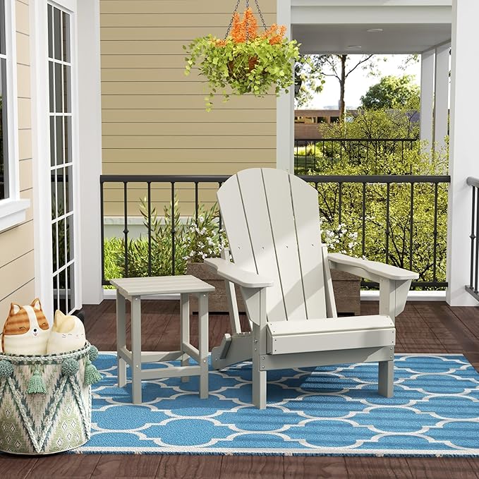 WestinTrends Malibu 2-Pieces Adirondack Chair Set with Side Table, All Weather Outdoor Seating Plastic Patio Lawn Chair Folding for Outside Porch Deck Backyard, Sand
