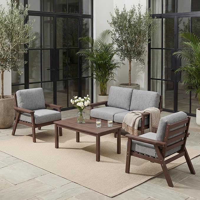 Patio Furniture Set, HDPE Outdoor Sofa Set with Gray Washable Cushions, Patio Conversation Sets for Lawn, Garden, Porch, Balcony & Deck, Durable Outdoor Sectional Furniture (Brown Frame)