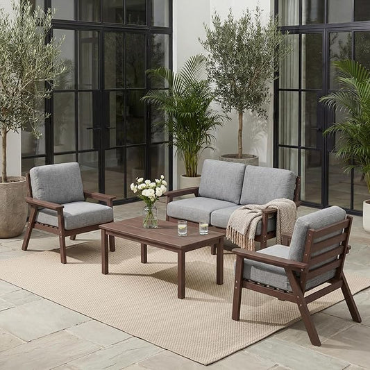 Patio Furniture Set, HDPE Outdoor Sofa Set with Gray Washable Cushions, Patio Conversation Sets for Lawn, Garden, Porch, Balcony & Deck, Durable Outdoor Sectional Furniture (Brown Frame)