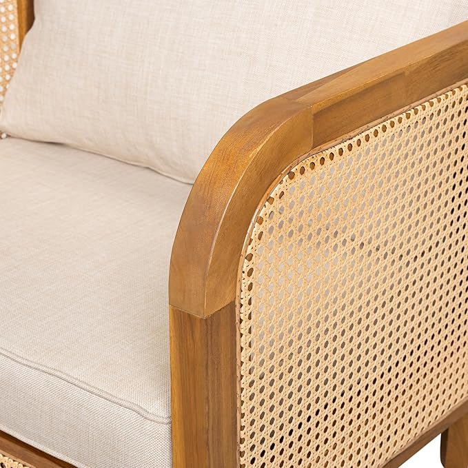 Christopher Knight Home Tilden Bohemian Acacia Wood Patio Accent Chairs, Wicker Lounge Chair Outdoor, Patio Furniture Single Sofa with Removable Cushion, Comfy Garden Reading Chair, Teak+Beige
