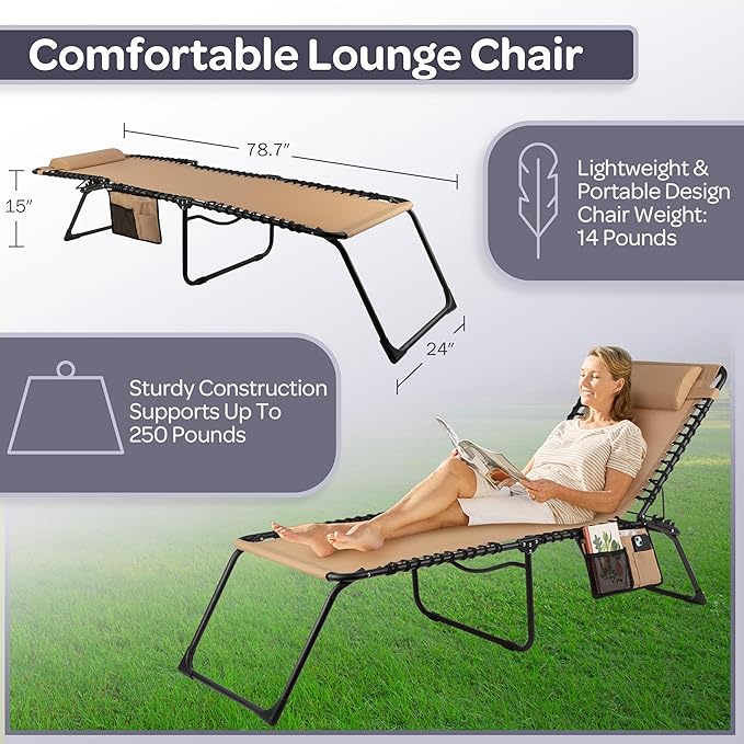 Folding Lounge Chair Outdoor Recliner - 3 Position Chaise Lounge Outdoor Beach Tanning Chair with Side Pocket and - Photo 3