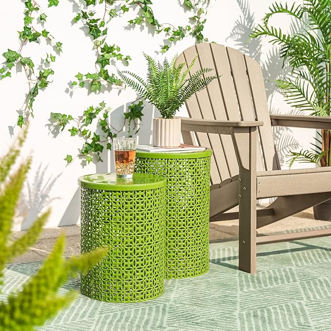 Glitzhome Outdoor Side Table Set of 2, Decorative Garden Stool for Patio Heavy Duty Metal Frame Accent Table Modern End Table, Glossy Green