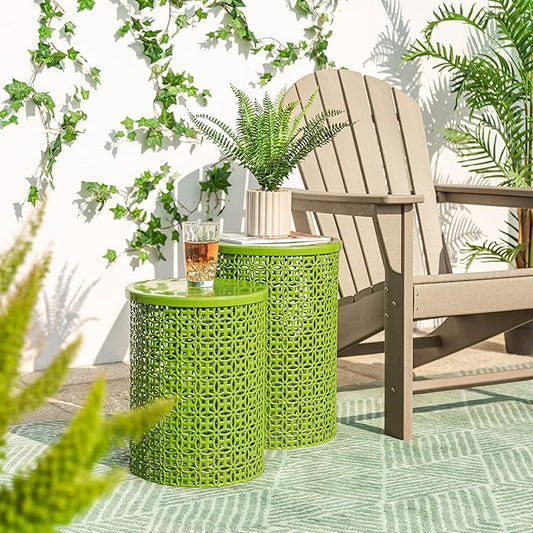 Glitzhome Outdoor Side Table Set of 2, Decorative Garden Stool for Patio Heavy Duty Metal Frame Accent Table Modern End Table, Glossy Green