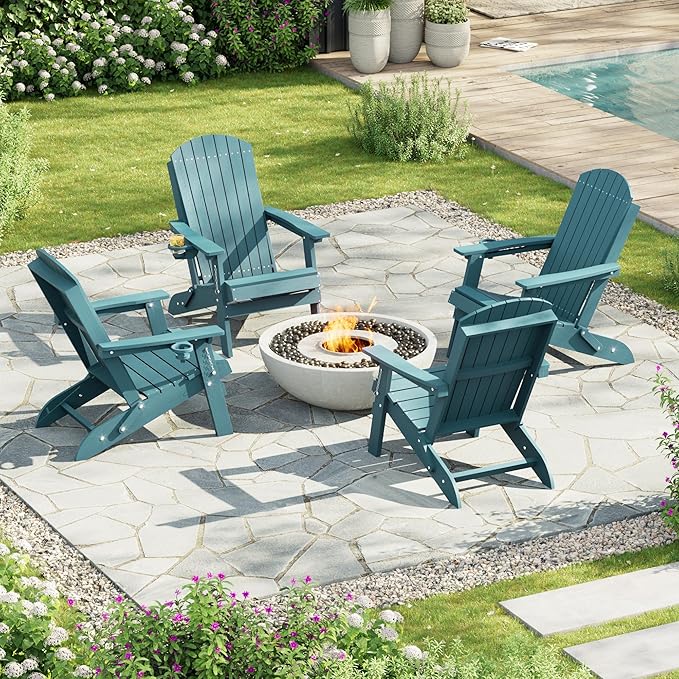 HDPE Foldable Adirondack Outdoor Chair Set of 4 with Cup Holder, Weather Resistant Heavy-Duty Patio Chair for Patio, Backyard, Deck, Fire Pit, Lawn and Porch, Lake Blue