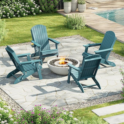 HDPE Foldable Adirondack Outdoor Chair Set of 4 with Cup Holder, Weather Resistant Heavy-Duty Patio Chair for Patio, Backyard, Deck, Fire Pit, Lawn and Porch, Lake Blue