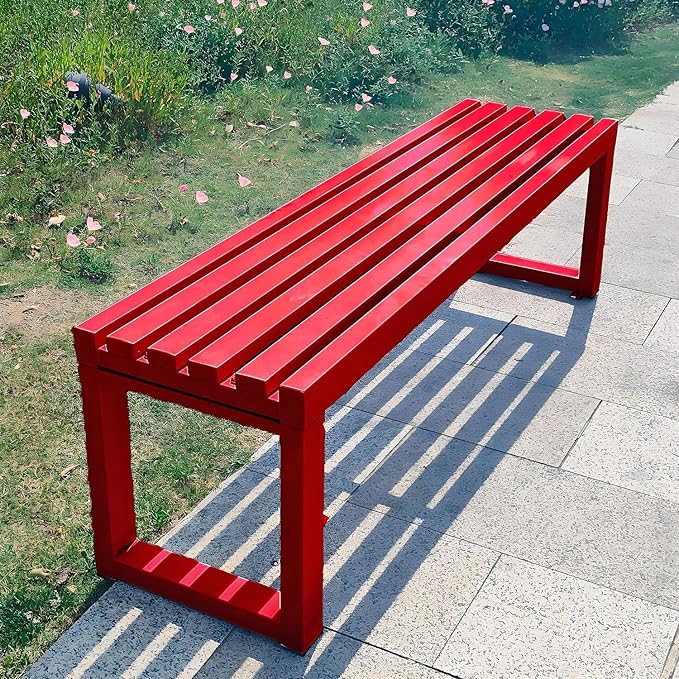 Weatherproof 59in Red Metal Outdoor Bench, Backless Cast Iron Patio Furniture for Garden, Park, Lawn, Front Porch - Durable & Stylish Seating Solution