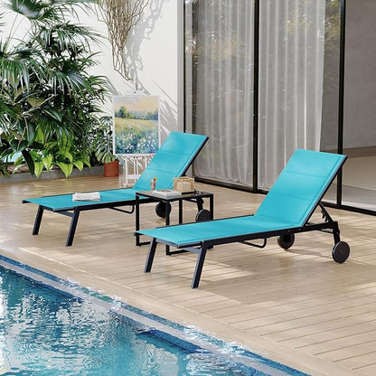 GarveeLife Outdoor Lounge Chairs with Wheels, Adjustable Backrest Poolside Loungers, Patio Chaise Lounge Chairs with Side Table Set of 3