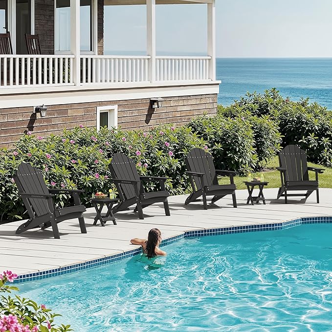 Foldable HDPE Adirondack Chairs Set of 2, Fire Pit, Backyard, Patio, Weather Resistant Outdoor Seating, Hidden Cup Holder, Black