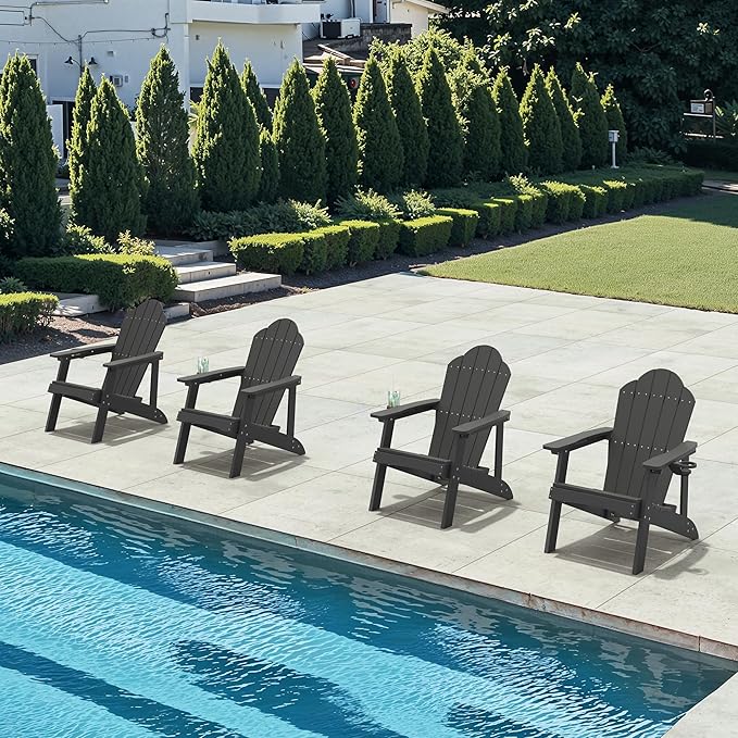 HDPE Adirondack Chairs Set of 2, Weather Resistant Outdoor Seating with Hidden Cup Holder for Porch, Patio, Deck & Fire Pit, Black