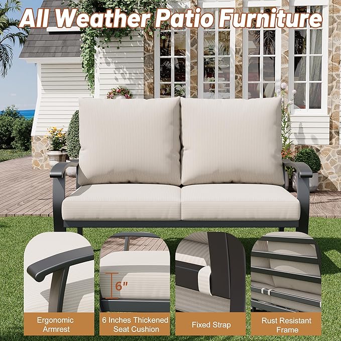 HOMREST Outdoor Loveseat Aluminum Patio Furniture Sofa, All-Weather Metal Outdoor Couch with Cushions, Beige - Photo 4