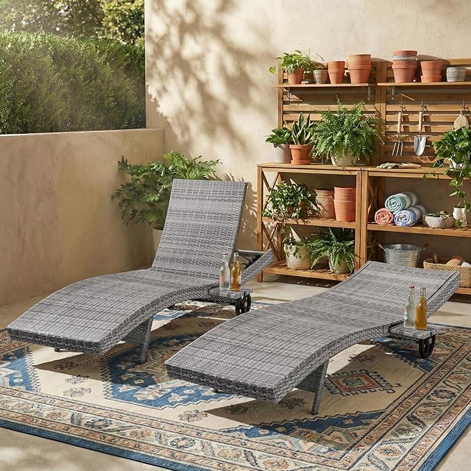 Patio Wicker Chaise Lounge Chairs Set of 2, Outdoor Reclining Lounge Chair w/Rolling Wheels, Pull-Out Side Table - Photo 1