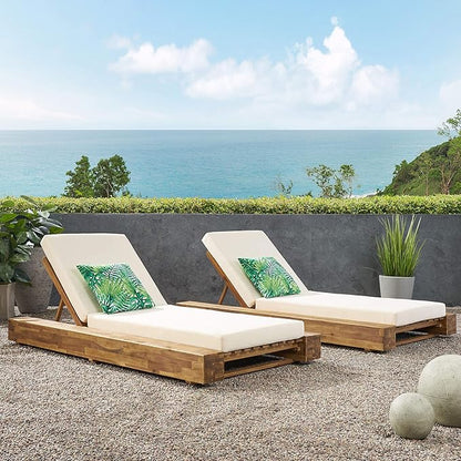 GDFStudio Outdoor Acacia Wood Chaise Lounge and Cushion Sets (Set of 2), and Cream