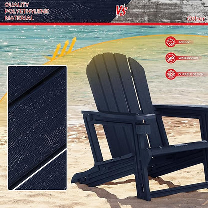 Costaelm Cayman Hardware-Free Assembly Outdoor Patio HDPE Poly Plastic Adirondack Chair with Cup Holder (Set of 2), Navy Blue