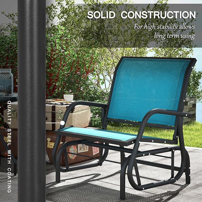 Outsunny Porch Glider Set of 2, Metal Frame Swing Glider Chair with Breathable Mesh Fabric, Curved Armrests and Steel Frame for Garden, Poolside, Backyard, Balcony, Blue