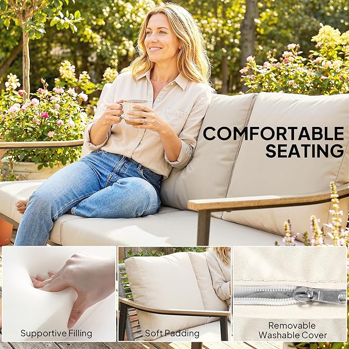 Outsunny Outdoor Patio Couch, 3 Seater Outdoor Sofa with Wood-Effect Armrests and Wicker Backrest, Outdoor Patio Furniture Couch with Cushions, Steel Frame for Porch, Garden, Backyard, Khaki | Removable covers
