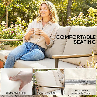 Outsunny Outdoor Patio Couch, 3 Seater Outdoor Sofa with Wood-Effect Armrests and Wicker Backrest, Outdoor Patio Furniture Couch with Cushions, Steel Frame for Porch, Garden, Backyard, Khaki | Removable covers