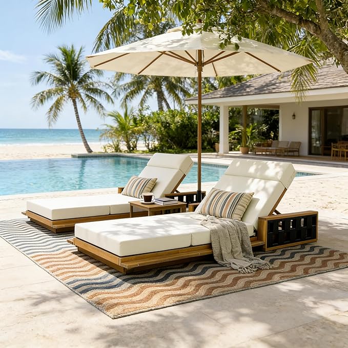 Merax Acacia Wood Patio Chaise Lounge Set of 2, Outdoor Reclining Chairs with 4-Position Adjustable Backrest - Photo 3
