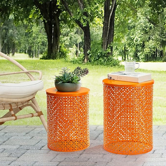 Glitzhome Outdoor Side Table Set of 2, Decorative Garden Stool for Patio Heavy Duty Metal Frame Accent Table Modern End Table, Glossy Orange