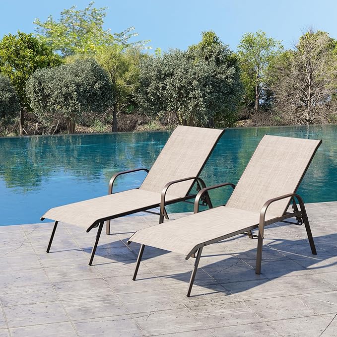 Crestlive Outdoor Chaise Lounge Chair, 5-Position Pool Lounge Chairs with Armrests Sunbathing Recliner for Patio, Beach - Photo 1