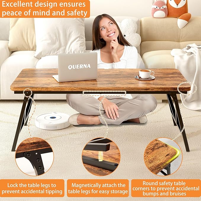 Folding Coffee Table, No Assembly Low Coffee Table, Floor Table Desk for Sitting on The Floor, Portable Floor Table for Living Room, Home, Caravan and use, 39.4L‘ x 19.7W’ x 15.8H’