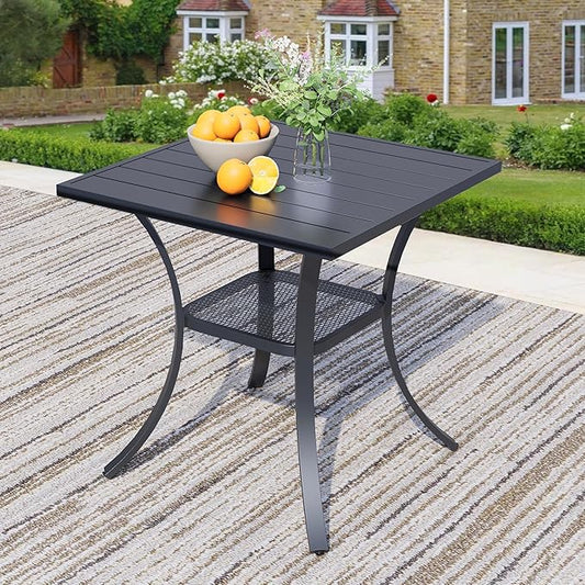 27.6" Square Outdoor Patio Table, All-Weather Metal Patio Table with Storage Shelf,Outdoor Dining Table for Lawn Garden Porch, Black