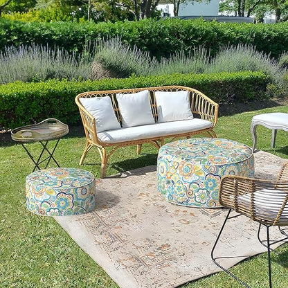 LVTXIII Outdoor/Indoor Inflatable Stool Ottoman, All Weather Patio Footrest Pouf, Portable Round Ottoman for Patio Garden, Camping or Home, D21xH9 Inches, Flower Blue