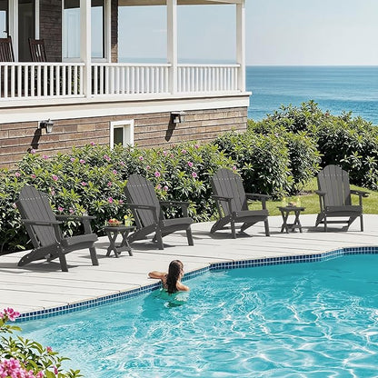 Foldable HDPE Adirondack Chairs Set of 2, Modern, Deck, Patio, Hotel, All-Weather Outdoor Seating, Hidden Cup Holder, Dark Gray