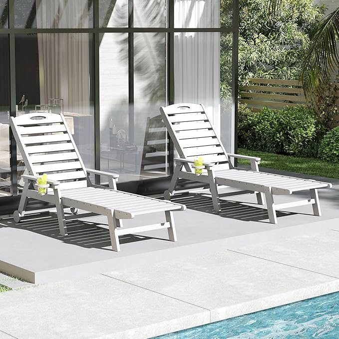 Domi Outdoor Chaise Lounge Chairs Set of 2, HDPE All-Weather Pool Loungers with 5-Position Adjustable Reclining Backrest & Rolling Wheels for Poolside Sunbathing Tanning, White