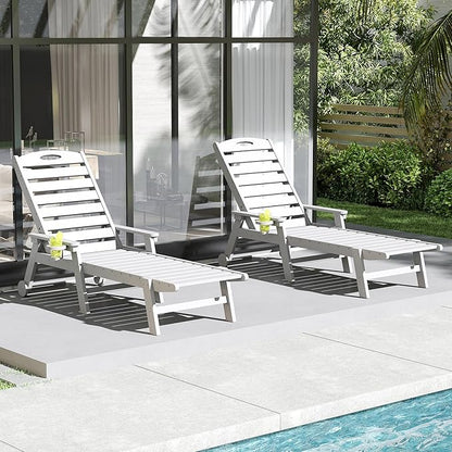 Domi Outdoor Chaise Lounge Chairs Set of 2, HDPE All-Weather Pool Loungers with 5-Position Adjustable Reclining Backrest & Rolling Wheels for Poolside Sunbathing Tanning, White