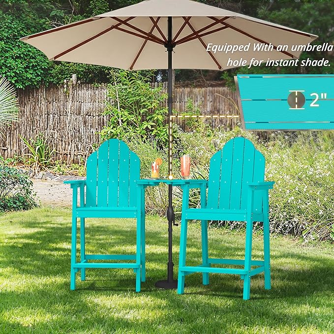 LUE BONA Tall Adirondack Chair Set of 2, All Weather HDPS Bar Height Adirondack Chair with Detachable Table & Umbrella Hole, Adirondack Barstools for Patio, Deck, Backyard & Commercial Use Aruba Blue