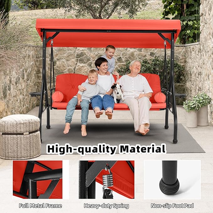 HOMREST 3 Seat Outdoor Porch Swing with Adjustable Canopy, Convertible Patio Swing Bed with Stand - Photo 4