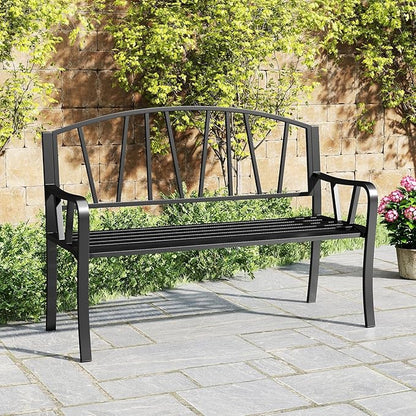 Tangkula 51” Metal Outdoor Garden Bench, Patio Slatted Park Bench for 2-3 People, Park-Style Loveseat with Curved Armrests, Heavy-Duty Outdoor Seating for Backyard, Lawn, Porch