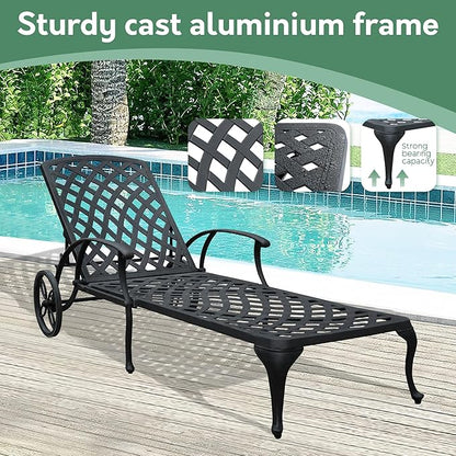 Chaise Lounge Chair Outdoor- Set of 2 Patio Pool Chairs Tanning Lounges for Outside Beach Lounger Reclining Cast Aluminum with Gray Cushions