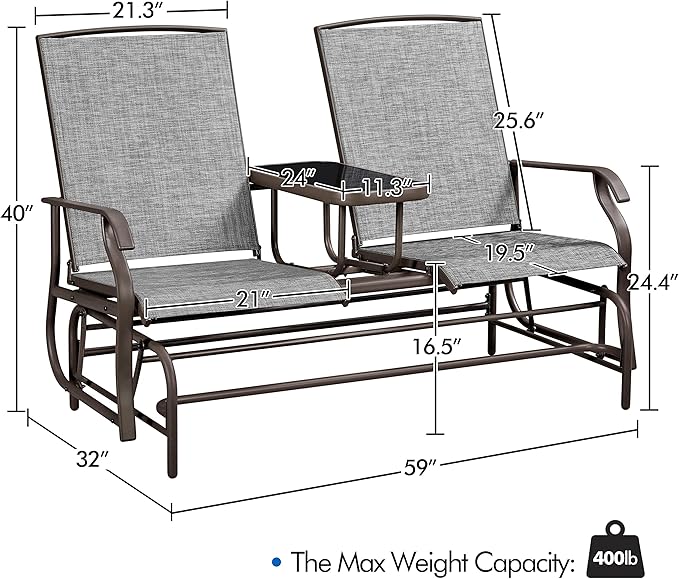 Yaheetech 2-Seat Outdoor Glider with Center Table, Patio Rocking Loveseat with Breathable Mesh Sturdy Metal Frame for Garden Pool Lawn