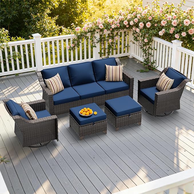 5 Pieces Patio Conversation Furniture Set - 1 Sofa, 2 Swivel Chairs, 2 Ottomans, Outdoor Wicker Furniture with Removable Cushions for Porch, Balcony, Sunroom (Blue)
