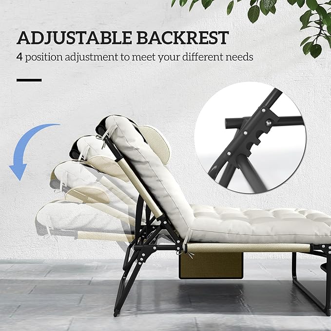 Outsunny Folding Chaise Lounge with 4-Level Reclining Back, Outdoor Tanning Chair with Cushion, Outdoor Lounge Chair with Breathable Mesh Fabric, Side Pocket, Headrest, Beige