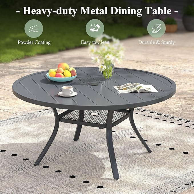 47.2" Patio Dining Table for 6, Round Outdoor Metal Dining Table with Umbrella Hole for Lawn Garden Backyard, Dark Grey