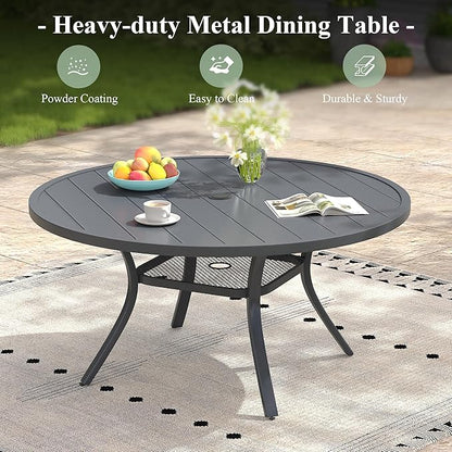 47.2" Patio Dining Table for 6, Round Outdoor Metal Dining Table with Umbrella Hole for Lawn Garden Backyard, Dark Grey