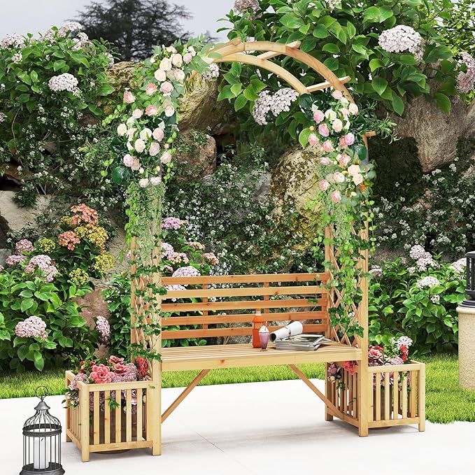 Giantex Outdoor Bench with Garden Arch & Planters, Wooden Pergola Archway, Outdoor Trellis for Climbing Plants - Photo 9