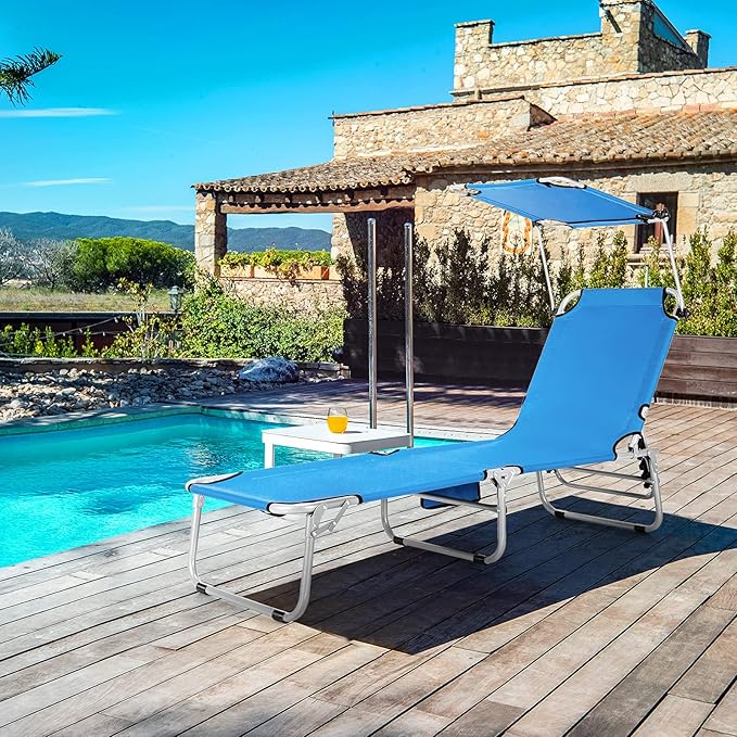 Giantex Outdoor Folding Chaise Lounge, Portable Tanning Chair with 5 Adjustable Positions, 360°Rotatable Canopy Shade - Photo 2