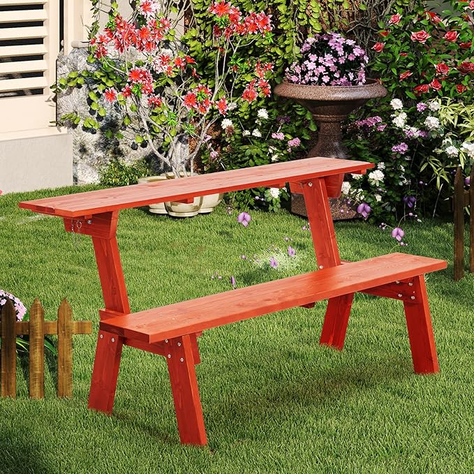 AVAWING Outdoor Convertible Bench, 2-in-1 Transforming Picnic Table Bench, Wooden Garden Bench for Backyard, Porch, Patio, Tangerine