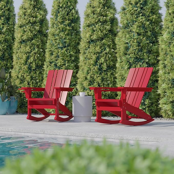 Flash Furniture Halifax Adirondack Rocking Chairs with Cup Holder, Weather Resistant Poly Resin Adirondack Rocking Chairs, Set of 2, Red