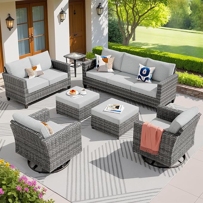 ovios Patio Furniture Set, 7 Pieces Outdoor Wicker Sofa Couch with Swivel Rocking Chairs Loveseat Comfy Cushions Rattan - Photo 1