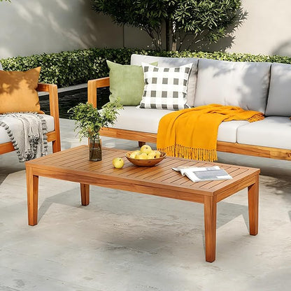 Merax 47.24" Outdoor Patio Coffee Table, Solid Acacia Wood Slatted Design with Teak Finish, Natural Minimalist Garden Side Table