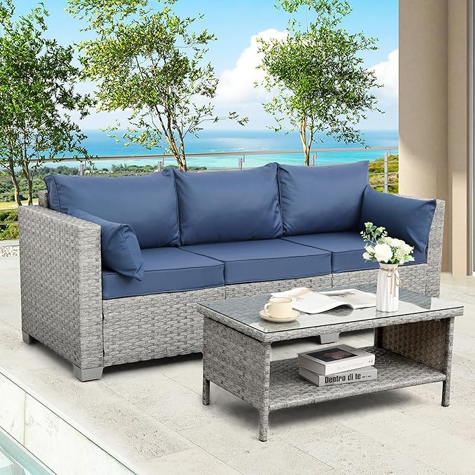WAROOM Outdoor Couch 3 Seater Wicker Patio Sofa Grey Rattan Balcony Furniture Deep Seat Porch Seating, Navy Blue Cushion - Photo 5