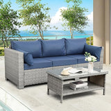 WAROOM Outdoor Couch 3 Seater Wicker Patio Sofa Grey Rattan Balcony Furniture Deep Seat Porch Seating, Navy Blue Cushion - Photo 5